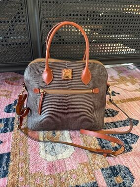 Dooney & Bourke Brown Textured Satchel with Tan Leather Trim